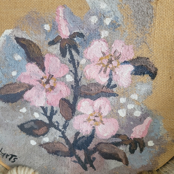 Orginal Acrylic Painting on Burlap Macrame Boarder Round Artist Signed - Picture 3 of 10